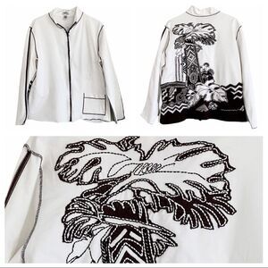 Chico’s Spa by CHICO’S Ivory with Brown Emblems & Trim Jacket Size 3 or XL